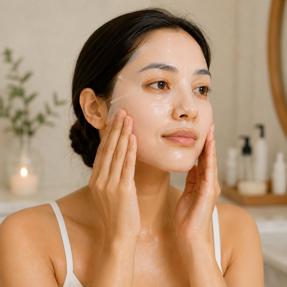 Step 2 — smooth the hydrogel mask onto the face