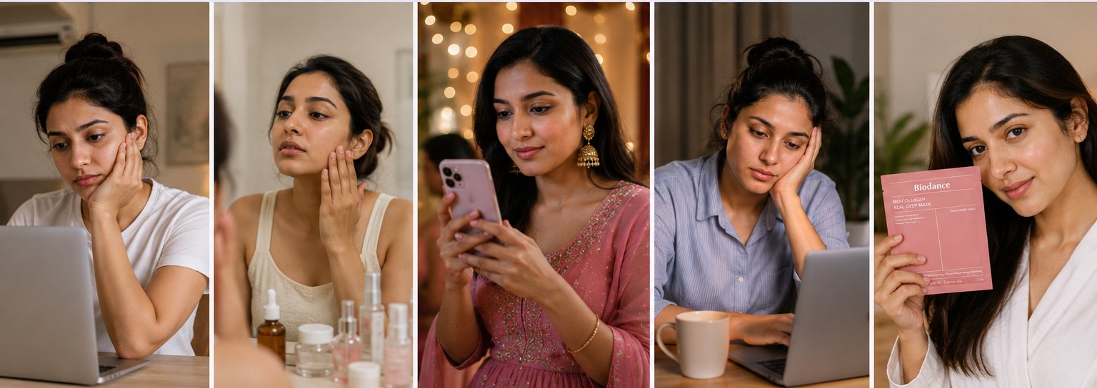 Indian women through the day — tired skin from AC, late nights and screens