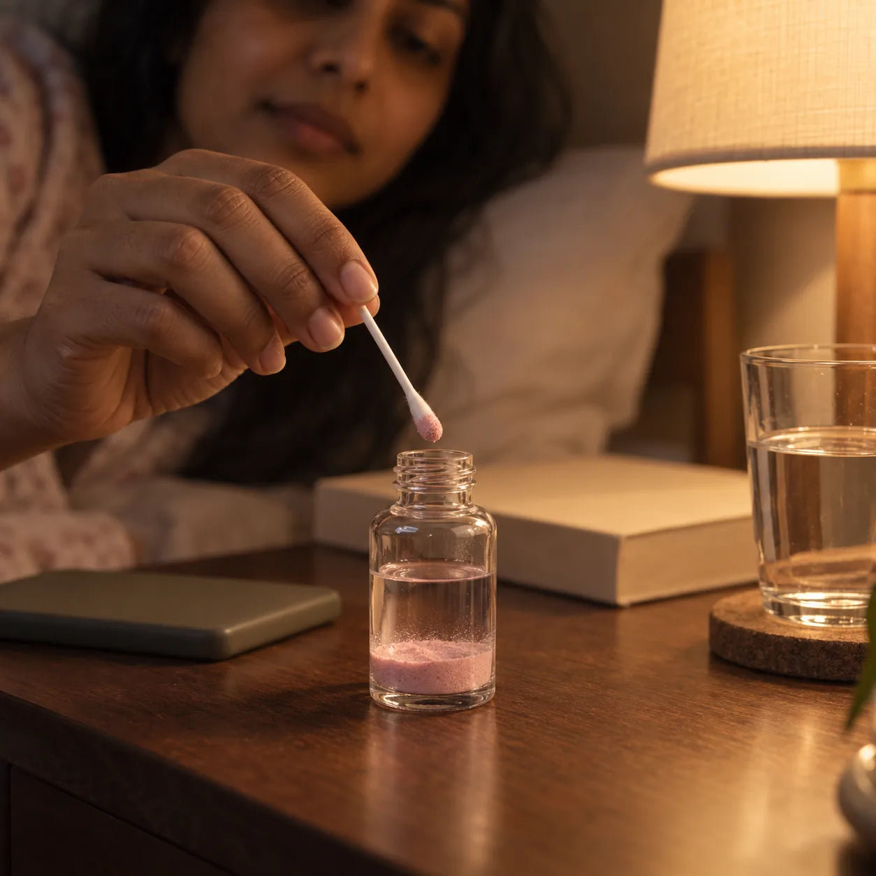 Dipping a cotton bud at the bedside at night